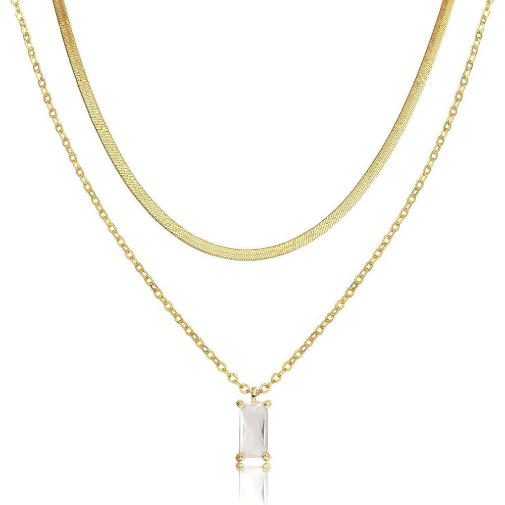 Tewiky Diamond Necklaces Layered Herringbone & CZ Gold Jewelry Gifts